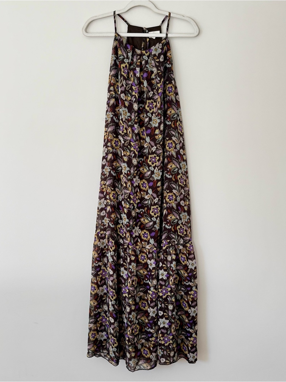 Melloday Floral Tiered Maxi Dress, Brown & Purple Multi Floral Print – Large